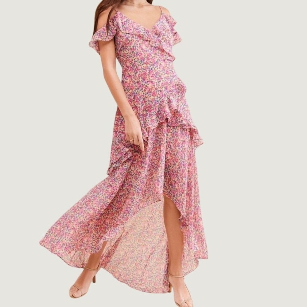 ASTR The Label High Low Maxi Dress Size M Floral Ruffle Cold Shoulder Pink